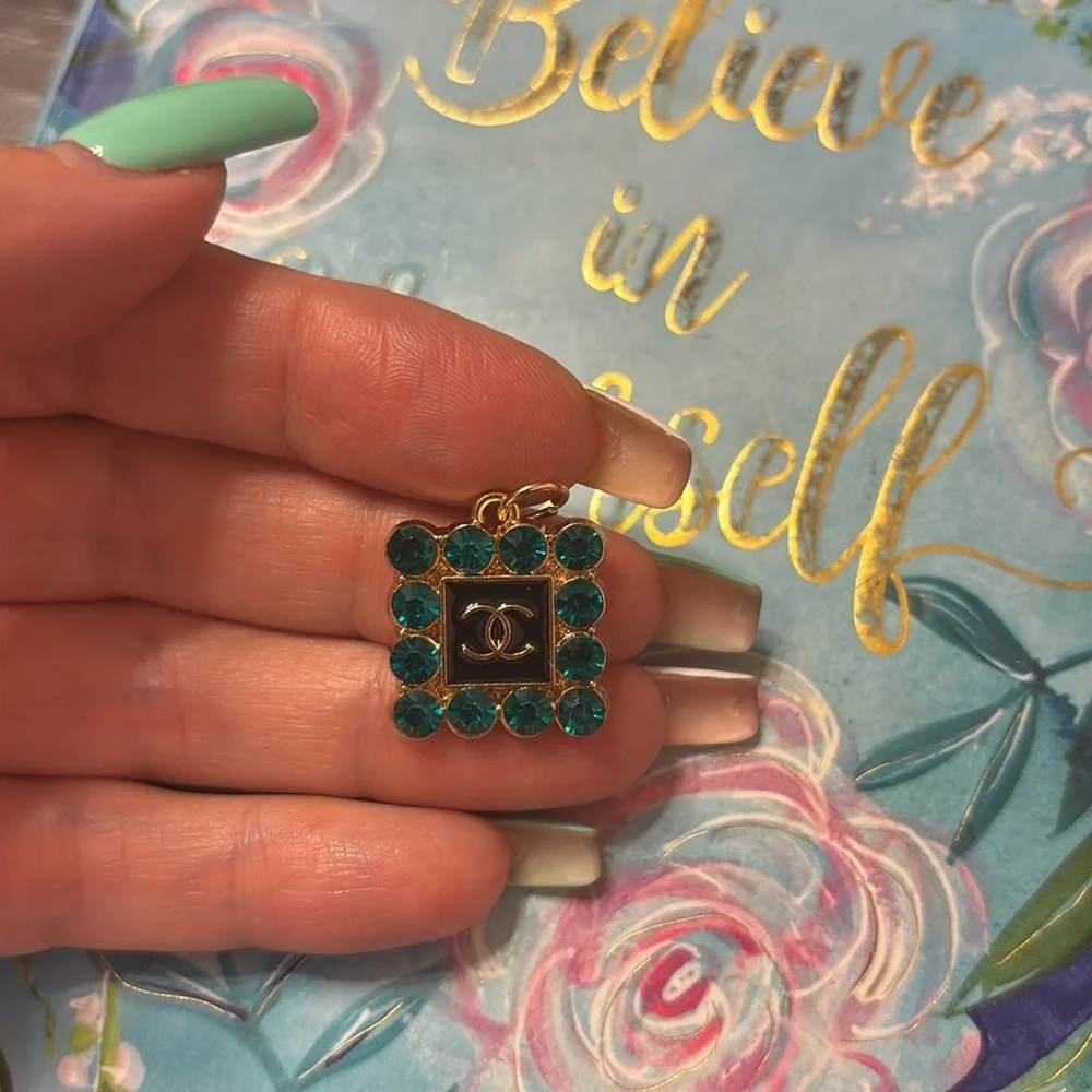 Chanel Gold and Teal Square logo Charm